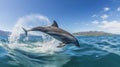 Dolphins jumping out of sea with clear blue water on sunny day, generative ai Royalty Free Stock Photo