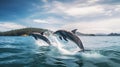 Dolphins jumping out of sea with clear blue water on sunny day, generative ai Royalty Free Stock Photo