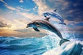 Dolphins jumping out of the water. 3D render illustration, Dolphins joyfully leaping out of the ocean waves against a blue sky Royalty Free Stock Photo