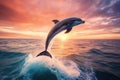 Dolphins jumping out of the water at sunset. 3d rendering, Dolphins jumping out of the ocean waves against blue sky background, AI Royalty Free Stock Photo