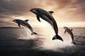 Dolphins jumping out of the water at sunset. 3d render, Playful dolphins jumping over breaking waves, AI Generated Royalty Free Stock Photo