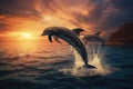 Dolphins jumping out of the water at sunset. 3d render, Playful dolphins jumping over breaking waves, AI Generated Royalty Free Stock Photo