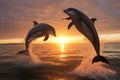 Dolphins jumping out of the water at sunset. 3d render, Playful dolphins jumping over breaking waves, AI Generated