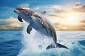 Dolphins jumping out of the water at sunset. 3d rendering, Dolphins joyfully leaping out of the ocean waves against a blue sky Royalty Free Stock Photo