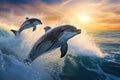 Dolphins jumping out of the water at sunset. 3d rendering, Dolphins joyfully leaping out of the ocean waves against a blue sky Royalty Free Stock Photo