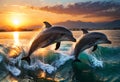 Dolphins jumping out of the water at sunset. Generative AI