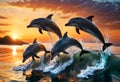 Dolphins jumping out of the water at sunset. Generative AI