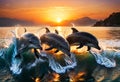 Dolphins jumping out of the water at sunset. Generative AI