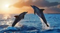 Dolphins Jumping Out of Water at Sunset. Generative AI Royalty Free Stock Photo