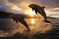 Dolphins jumping out of the water at sunset, South Island, New Zealand, Playful dolphins jumping over breaking waves, AI Generated Royalty Free Stock Photo
