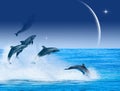 Dolphins jumping over the blue sea against clear sky, moon crescent and stars silhouettes.