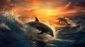 Dolphins jumping and playing in the ocean waves during the sunset Royalty Free Stock Photo