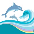 Dolphins jumping in sea waves.Vector isolated on w