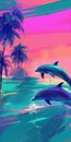A dolphins jumping to palm trees colourful painting generative AI