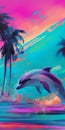 A dolphins jumping to palm trees colourful painting generative AI