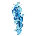 Dolphins jumps from the ocean wave. Blue water pattern. Vector character on white background