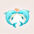 Dolphins kissing. Cute cartoon with two animals in love romantic illustration. Template for Valentine day. Blue colors. Generative Royalty Free Stock Photo