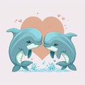 Dolphins kissing. Cute cartoon with two animals in love romantic illustration. Template for Valentine day. Blue colors. Generative Royalty Free Stock Photo