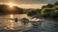 Three Dolphins Jumping in Golden Sunset River Royalty Free Stock Photo