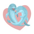 Two dolphins swim hugging. On the background of the heart. Symbol of love. Vector characters