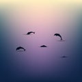 Dolphins over the water at sunset, seascape. Minimalistic scenery. Vector Royalty Free Stock Photo