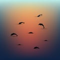 Dolphins over the water at sunset, seascape. Minimalistic scenery. Vector Royalty Free Stock Photo