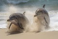 Dolphins play near the shore jumping out of the water with splashes of water and sand, Generated by Ai