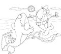 Dolphins playing ball in the sea chine coloring for kids