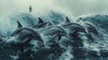 Dolphins Playing in the Rough Seas with a Lighthouse in the Background Royalty Free Stock Photo
