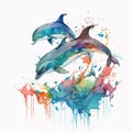 A dolphins realistic and abstract marine, wave background. Watercolor. Royalty Free Stock Photo