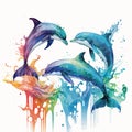 A dolphins realistic and abstract marine, wave background. Watercolor. Royalty Free Stock Photo