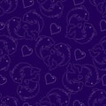 Dolphins seamless pattern on a dark blue background. White lines and hearts Royalty Free Stock Photo
