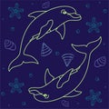 Dolphins. Seamless pattern with dolphins, shells and starfish on a classic blue background. Vector seamless pattern with sea and o Royalty Free Stock Photo