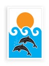 Dolphins silhouettes in under the sea on sunset, illustration, vector, minimalist paint, sea world, underwater Royalty Free Stock Photo