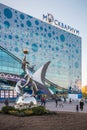 Dolphins statue and Signboard of the Moskvarium in ENEA Royalty Free Stock Photo