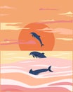 Dolphins at sunset vector minimalist poster design