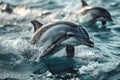 Dolphins swim in sea water, view under water. The image is generated with the use of an AI.