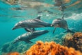 Dolphins swim in sea water, view under water. The image is generated with the use of an AI.