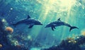 Dolphins swimming gracefully in vibrant underwater scene with sunlight rays Royalty Free Stock Photo