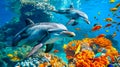 Dolphins swimming in the ocean with corals Royalty Free Stock Photo