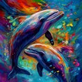 dolphins swimming together as they create a watercolor-like splash of vibrant colors