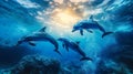 Dolphins swimming in the underwater blue sea at the sunlight Ocean life photography AI generated Royalty Free Stock Photo