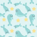 Dolphins, whales, narwhals seamless pattern, texture, background, wallpapers, endless ornament, repeating print. Marine animals