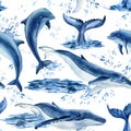 Dolphins and Whales watercolor, nature background, seamless pattern