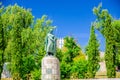 Dom Afonso Henriques Estatua statue, monument of Portugal first king with Castle of Guimaraes Royalty Free Stock Photo
