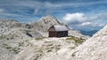 Dom Valentina Stanica mountain hut with Vrbanova spica mountain in Julian Alps