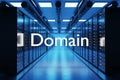 domain logo in large modern data center with multiple rows of network internet server racks, 3D Illustration
