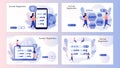 Domain registration concept. Tiny people choose, find, purchase, register website domain name. Screen template for