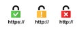 Domain security padlock icon. HTTPS and HTTP network privacy status. Web browser encryption protection symbol. SSL certificate Royalty Free Stock Photo