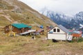 Dombay, Russia - September 2019 - view from the Mount Mussa-Achitara on hotels resort and snowy peaks